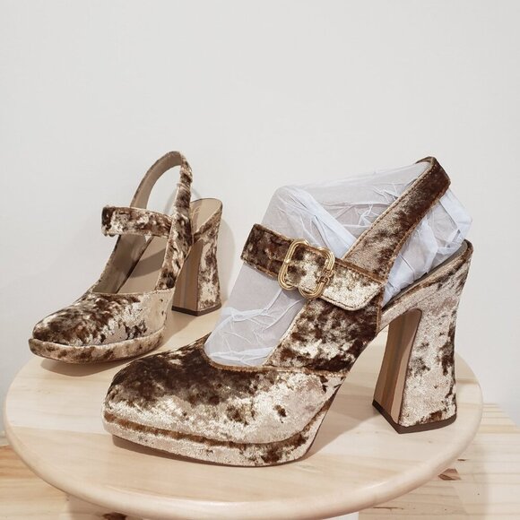 Sam Edelman Jildie Slingback Mary Jane Heel Size 10 Sand Crushed Velvet Retro - Picture 10 of 15